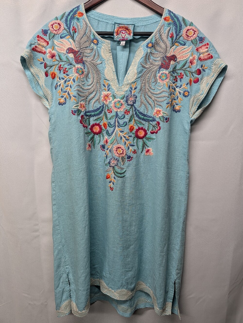 Johnny Was Floral+ Bird Embroidered V-Neck Linen Mini Dress, NWOT Size Small